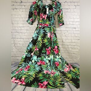 NWT New York & Co Black Floral Tropical Ruffled Neckline Vacation Maxi Dress S